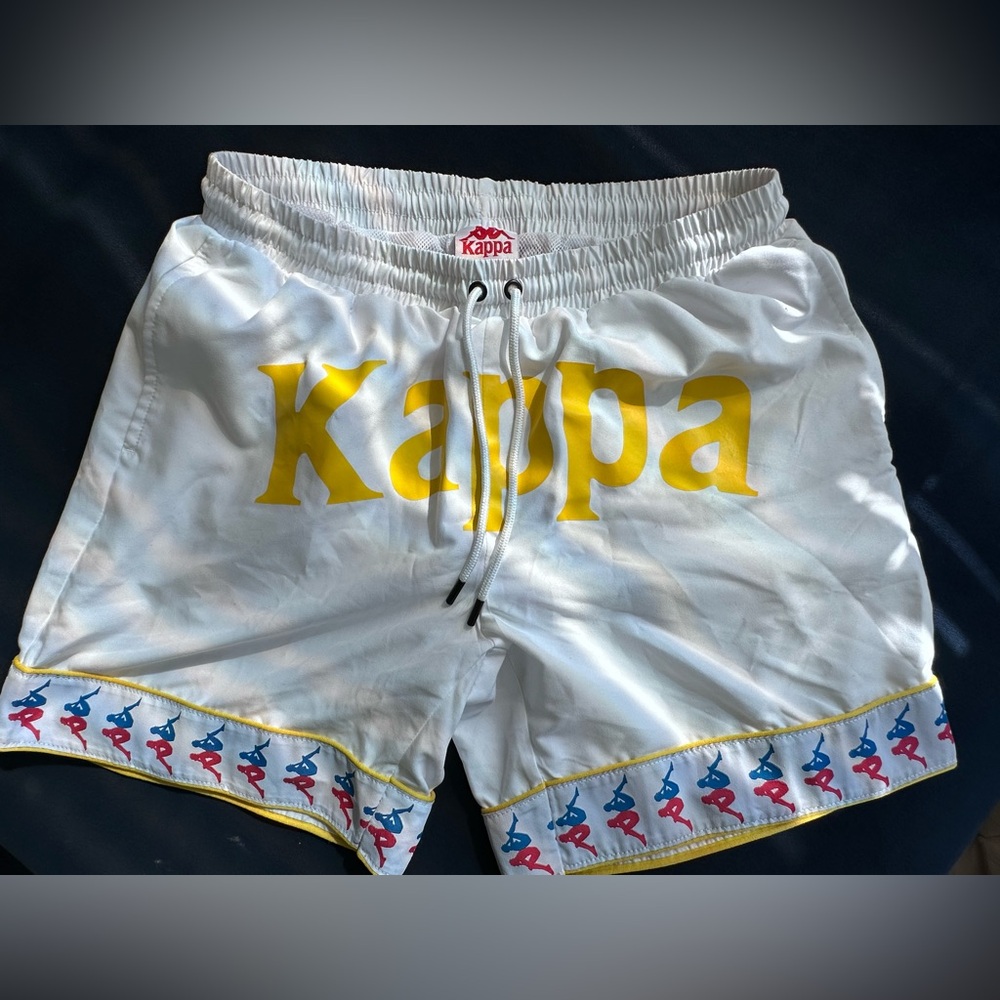 Kappa Unisex White and Yellow Logo Shorts